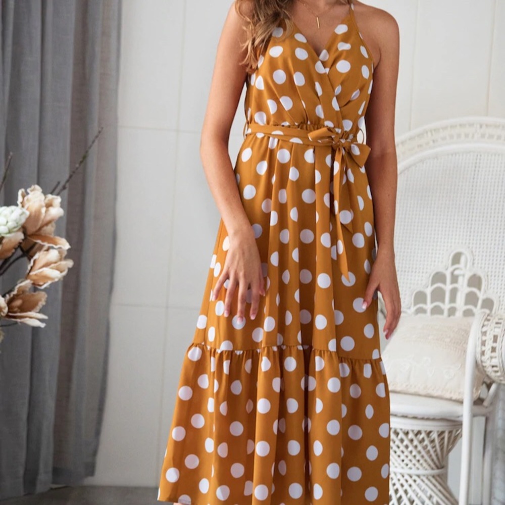 💝NEW polka dot ruffle belted cami dress